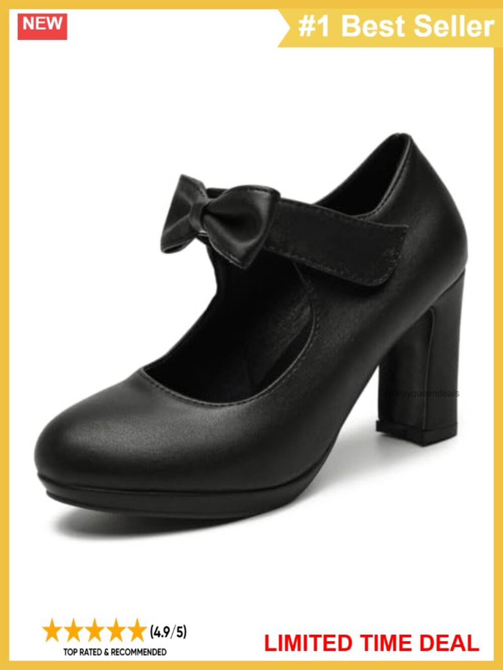 Faux Leather Round Toe Bow Mary Jane Block Heel Dress Pumps